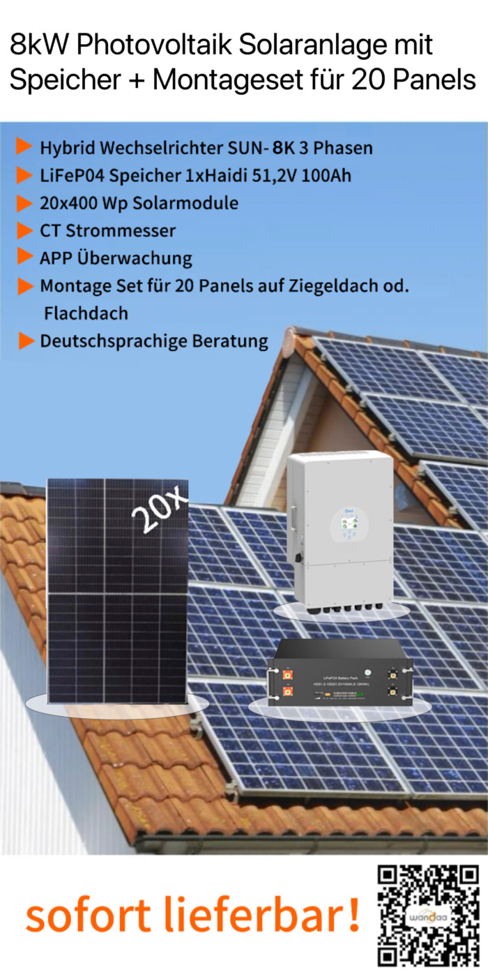 8kW Photovoltaik Solaranlage 20x400Wp 5kWh LiFePO4 Speicher und 10kW 3 Phasen Hybrid Wechselrichter + Montageset für 20 Panels auf Ziegeldach oder Flachdach