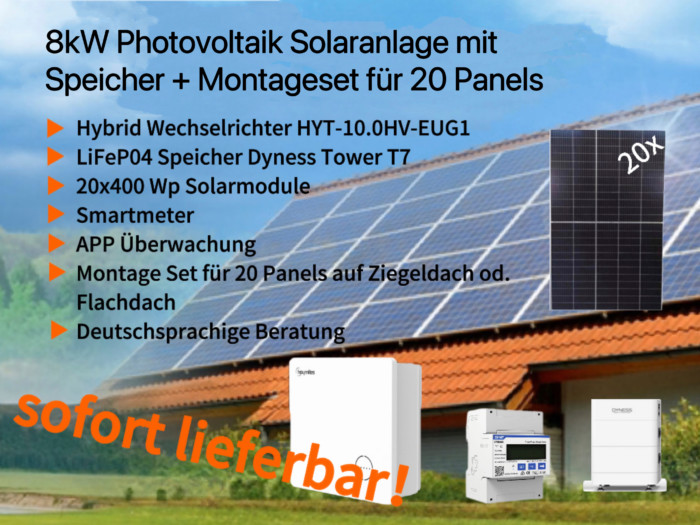 8kWp Photovoltaik Solaranlage 20x400Wp 7kWh LiFePO4 Speicher und 10kW Hybrid 3 Phasen Wechselrichter  + Montageset für 20 Panels auf Ziegeldach oder Flachdach