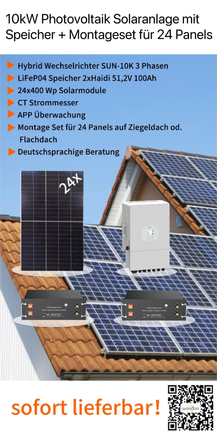 10kWp Photovoltaik Solaranlage 24x400Wp 10kWh LiFePO4 Speicher und 3 Phasen 10kW Hybrid Wechselrichter + Montageset für 24 Panels auf Ziegeldach oder Flachdach